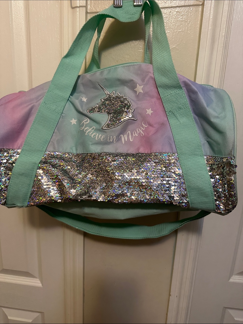 Believe in Magic Mint & Pastel Unicorn Sequin Duffel Bag